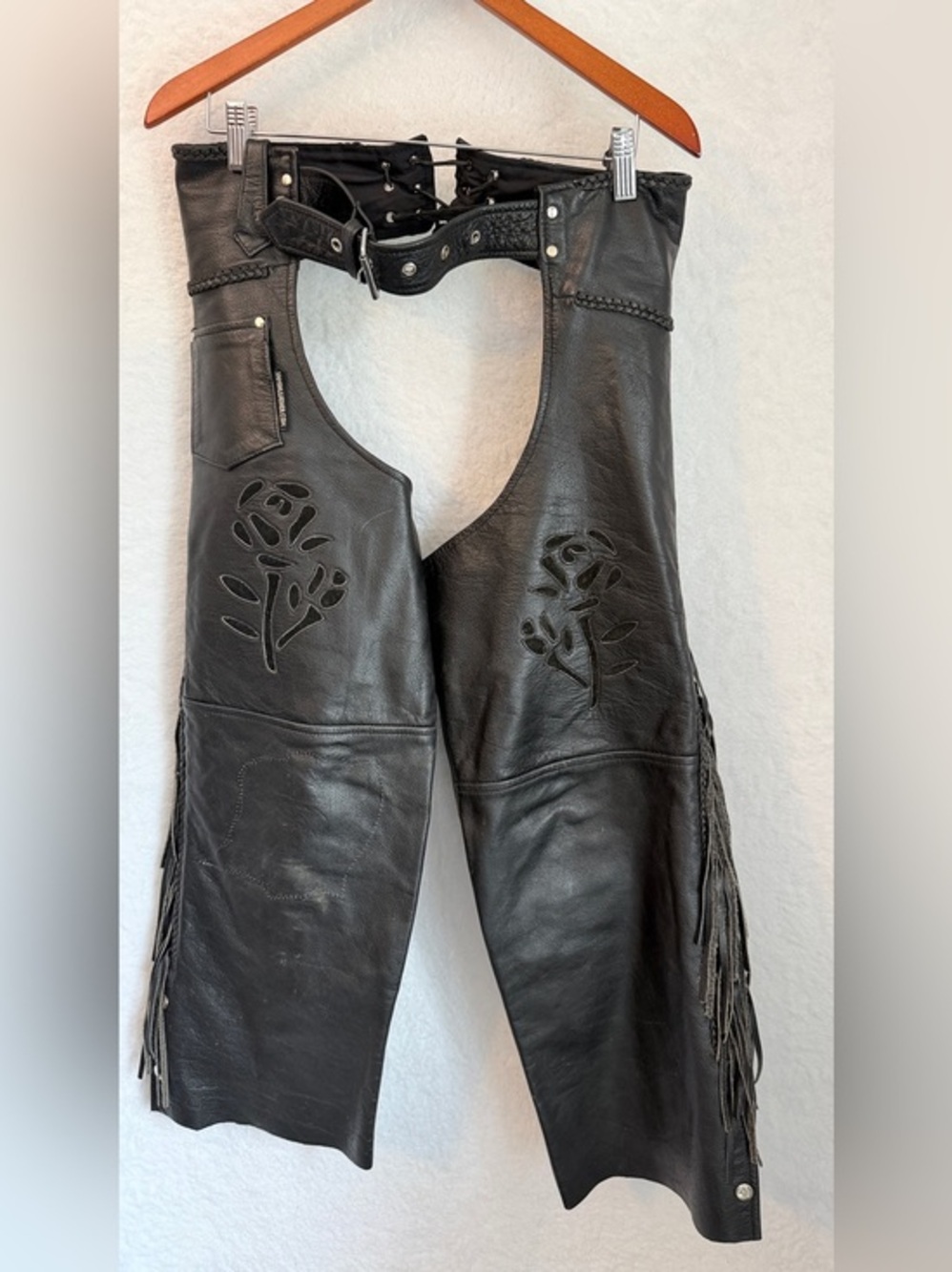 Jamin Leather Women’s M Black Genuine Leather Fringe Motorcycle Chaps Western